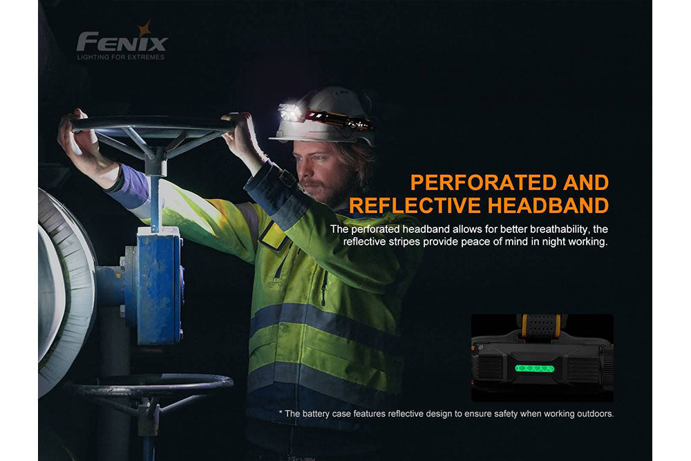 Fenix HP25R V2.0 headlamp with 1600 lumens, adjustable strap, and bright LED light for outdoor activities and night use