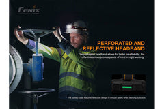 Fenix HP25R V2.0 headlamp with 1600 lumens, adjustable strap, and bright LED light for outdoor activities and night use