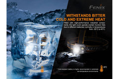 Fenix HP25R V2.0 headlamp with 1600 lumens, adjustable strap, and durable design for outdoor activities and camping.
