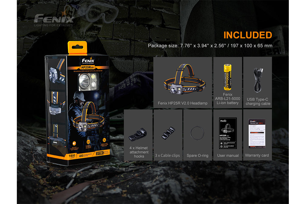 Fenix HP25R V2.0 headlamp with 1600 lumens, adjustable straps, and bright LED light for outdoor and work use.