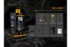 Fenix HP25R V2.0 headlamp with 1600 lumens, adjustable straps, and bright LED light for outdoor and work use.