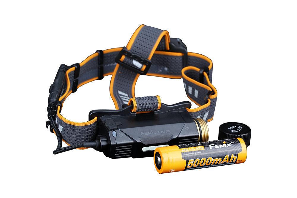 Fenix HP25R V2.0 headlamp with 1600 lumens, adjustable strap, and front light for outdoor activities and hands-free illumination