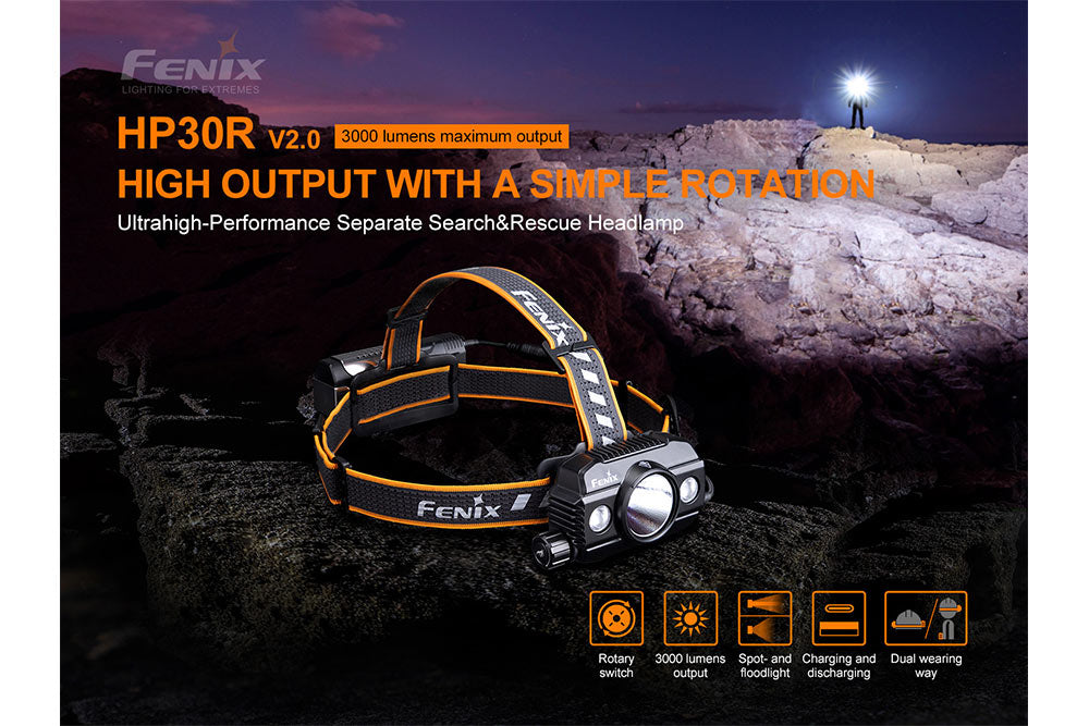 Fenix HP30R V2.0 LED headlamp with 3000 lumens, adjustable strap, and bright white light for outdoor activities and work.