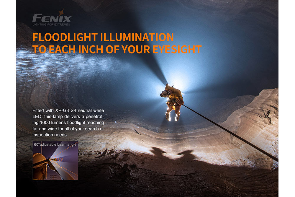 Fenix HP30R V2.0 LED headlamp with 3000 lumens, adjustable strap, and bright white LED light for outdoor activities.