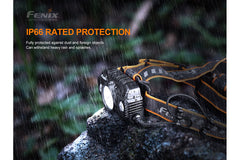 Fenix HP30R V2.0 LED headlamp with 3000 lumens, adjustable straps, and bright white beam, suitable for outdoor activities.