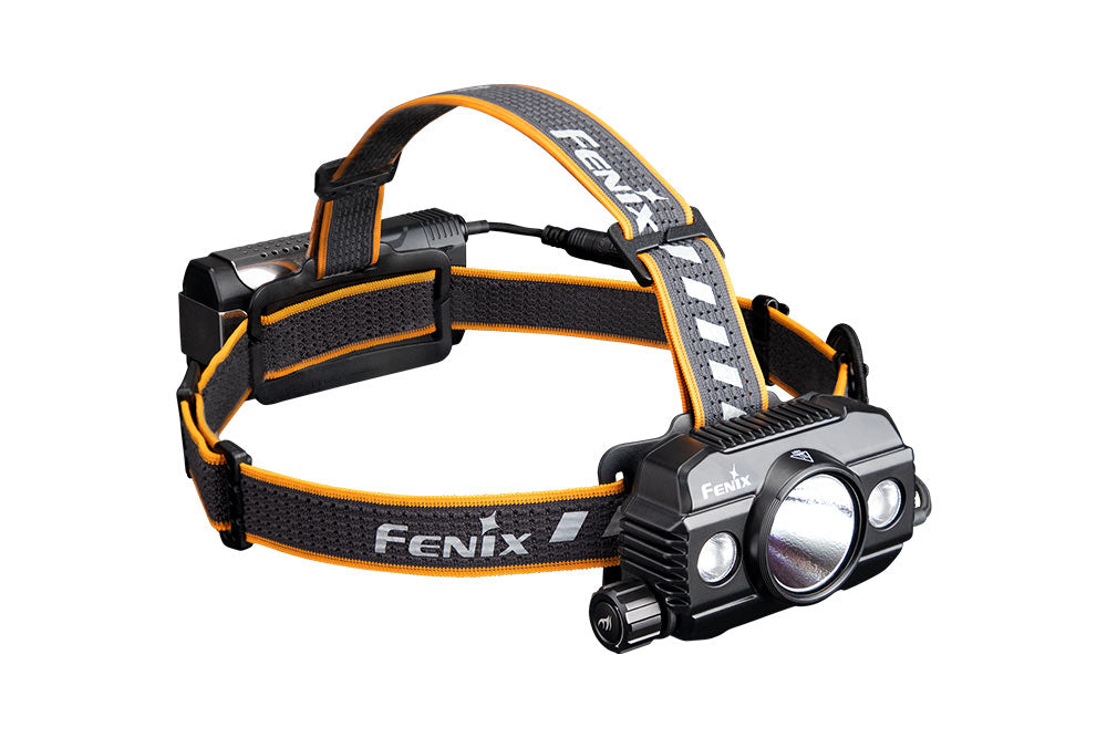 Fenix HP30R V2.0 LED headlamp with 3000 lumens, adjustable strap, and bright front light for outdoor activities.