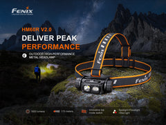 Fenix HM60R V2 high-performance headlamp with 1600 lumens, black adjustable head strap, and durable exterior.