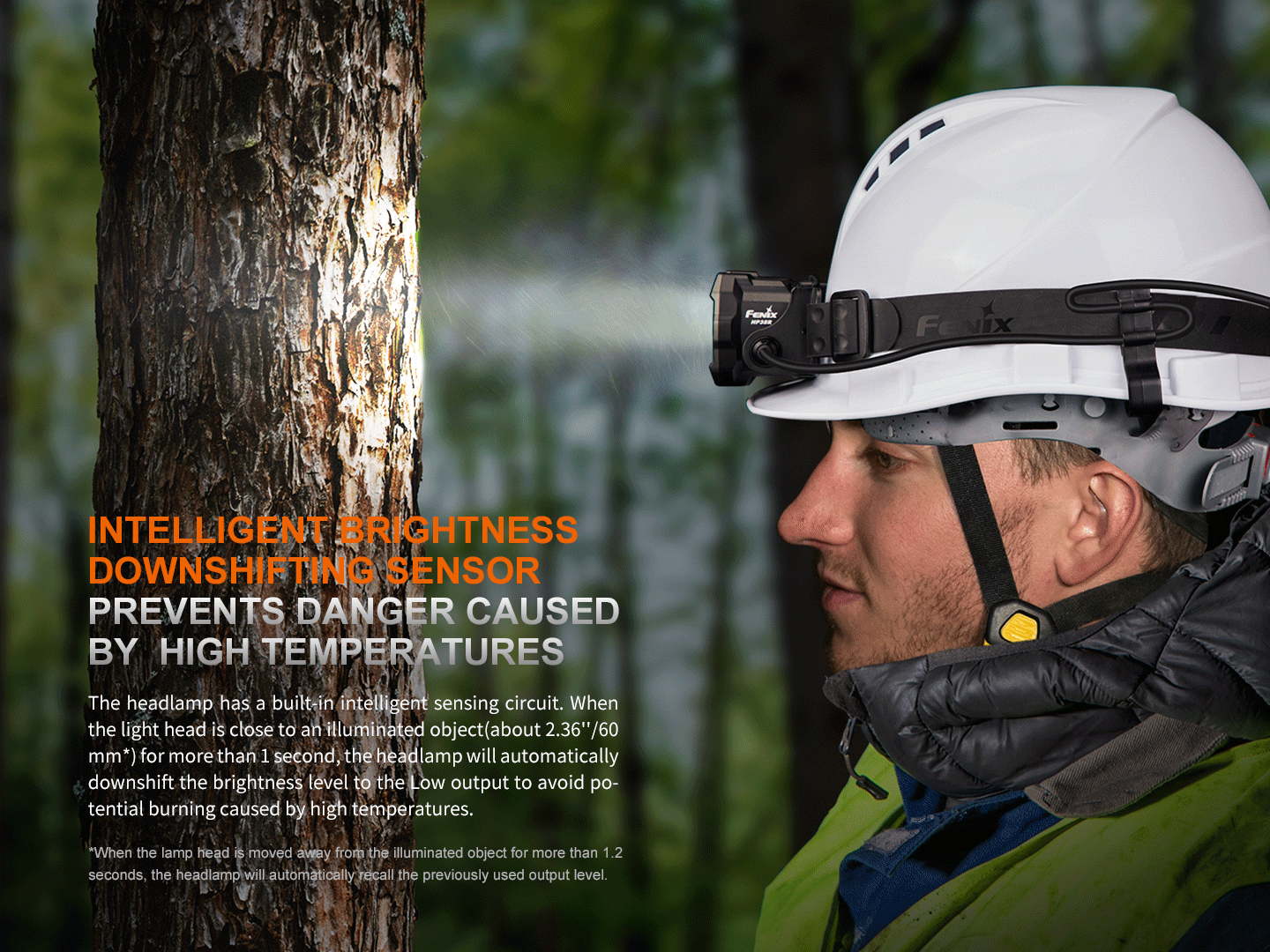 Fenix HP35R search and rescue headlamp with adjustable strap, bright LED light, and compact design for outdoor and rescue use.