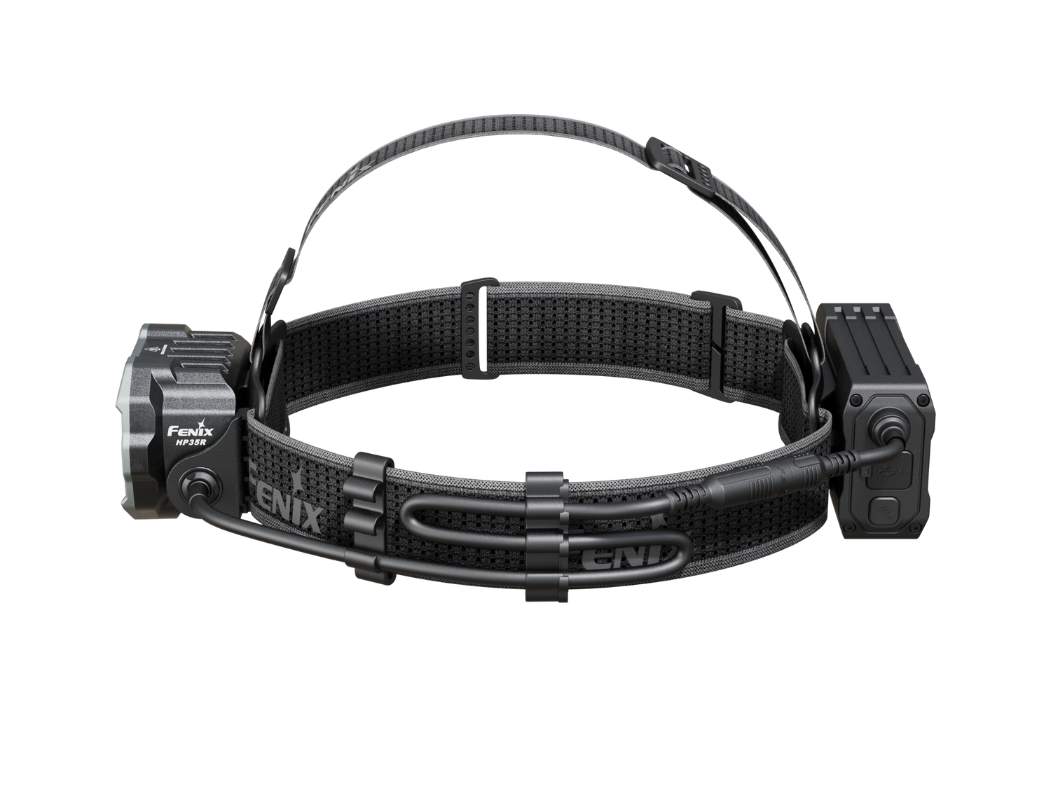 Fenix HP35R Search and Rescue Headlamp with adjustable straps, bright LED light, and compact design for outdoor activities.