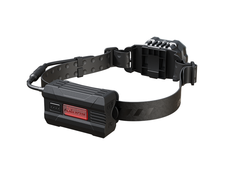 Fenix HP35R Search and Rescue Headlamp showing adjustable straps, bright LED light, and compact design for outdoor use