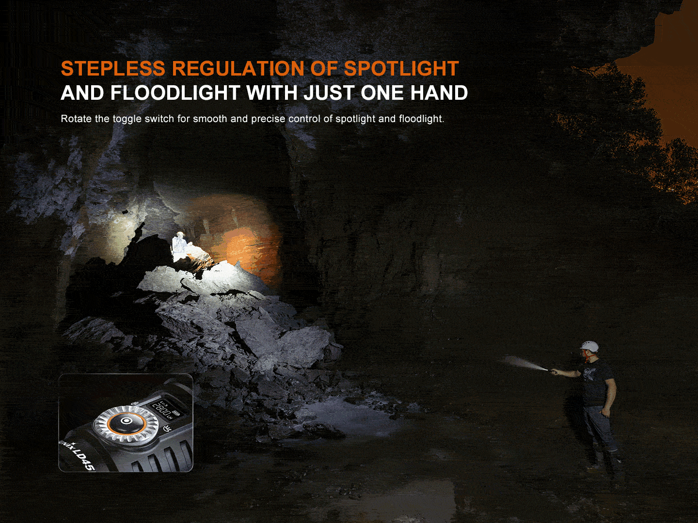 Fenix LD45R rechargeable LED flashlight with digital focus, black body, and textured grip for handheld illumination.