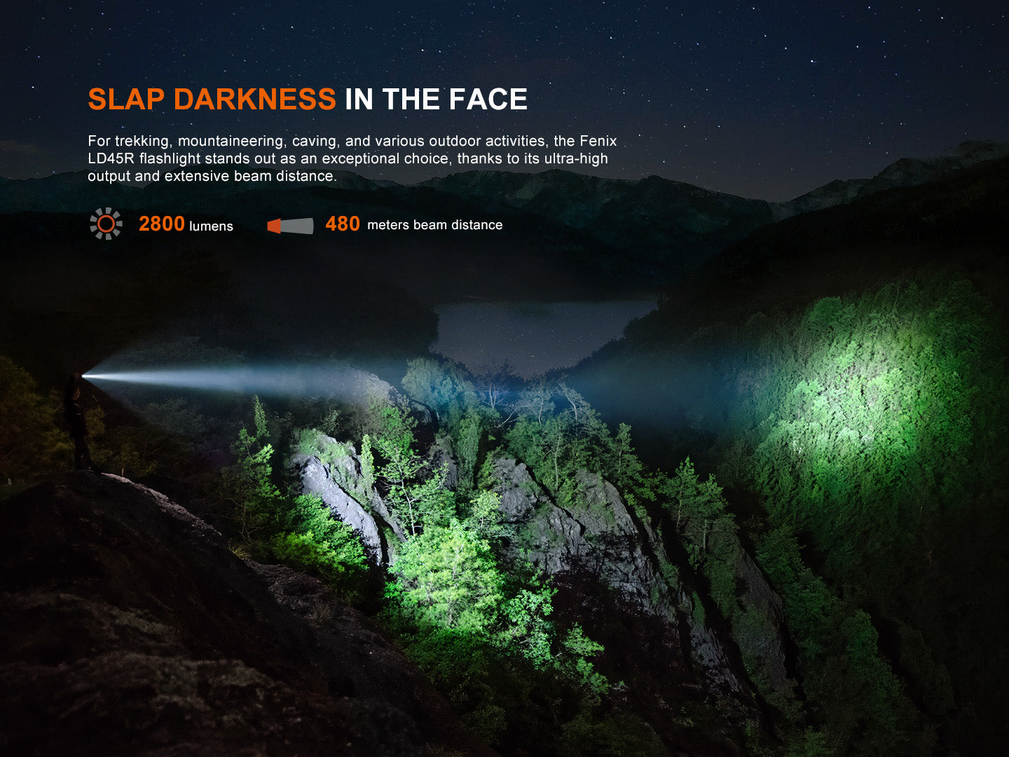 Fenix LD45R rechargeable LED flashlight with digital focus and sturdy black body, designed for high-performance outdoor lighting.
