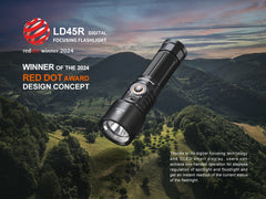 Fenix LD45R rechargeable LED flashlight with digital focus, black body, and textured grip for outdoor illumination.