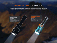 Fenix LD45R Digital Focus Rechargeable LED Flashlight showing its adjustable beam and rechargeable battery in a sleek black design.