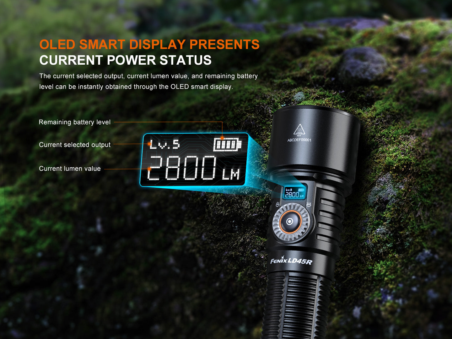 Fenix LD45R digital focus rechargeable LED flashlight with adjustable beam and durable black body.