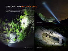 Fenix LD45R rechargeable LED flashlight with digital focus, black body, turned on showing bright beam, on a dark background.