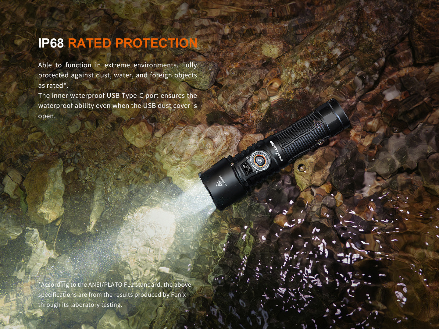 Fenix LD45R rechargeable LED flashlight with digital focus, black body, and textured grip for tactical and outdoor use