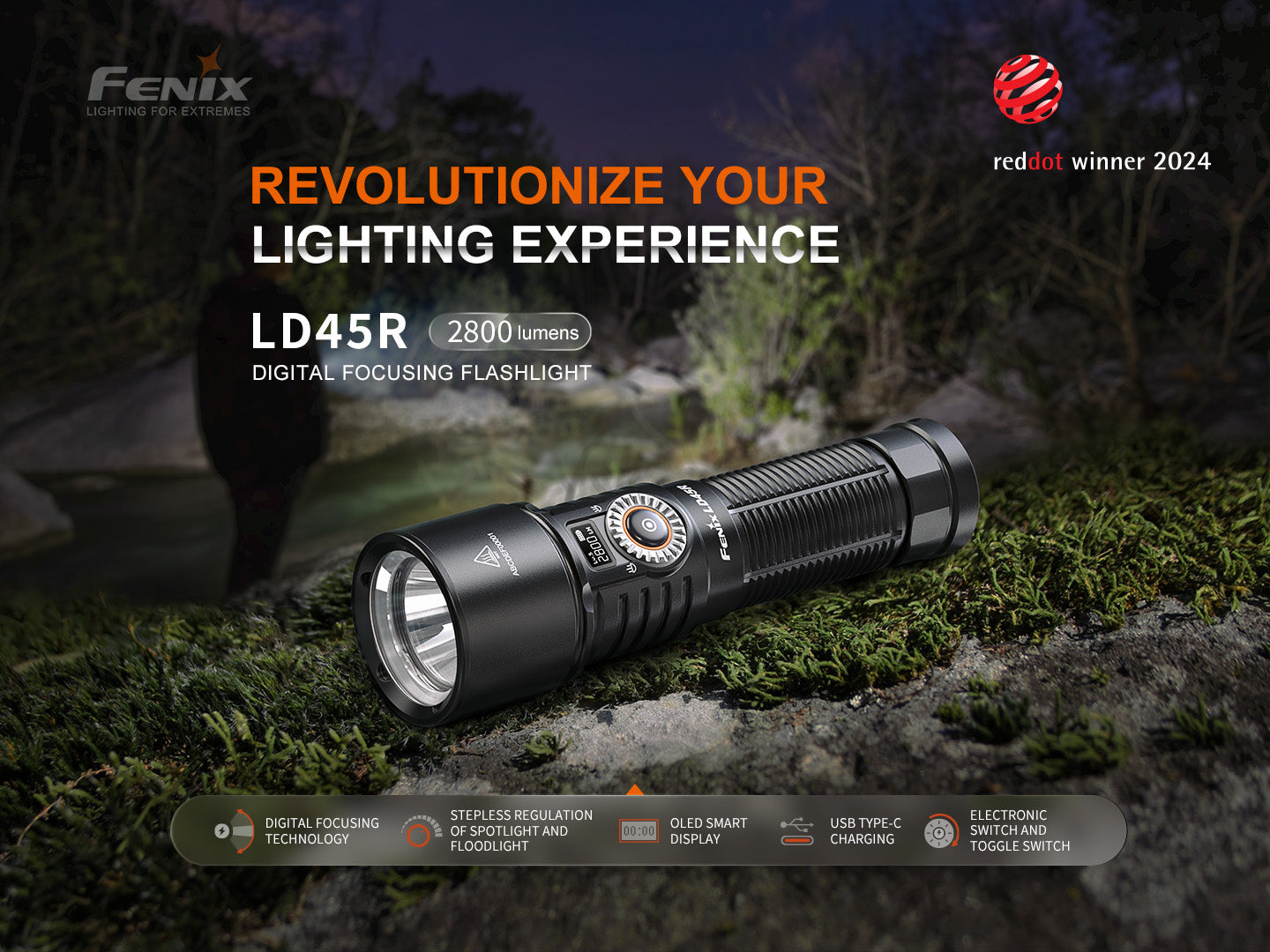 Fenix LD45R Rechargeable LED Flashlight with digital focus, shown with textured grip and front LED lens for powerful illumination.