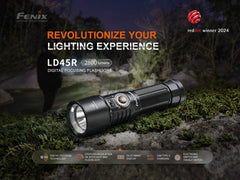 Fenix LD45R Rechargeable LED Flashlight with digital focus, shown with textured grip and front LED lens for powerful illumination.