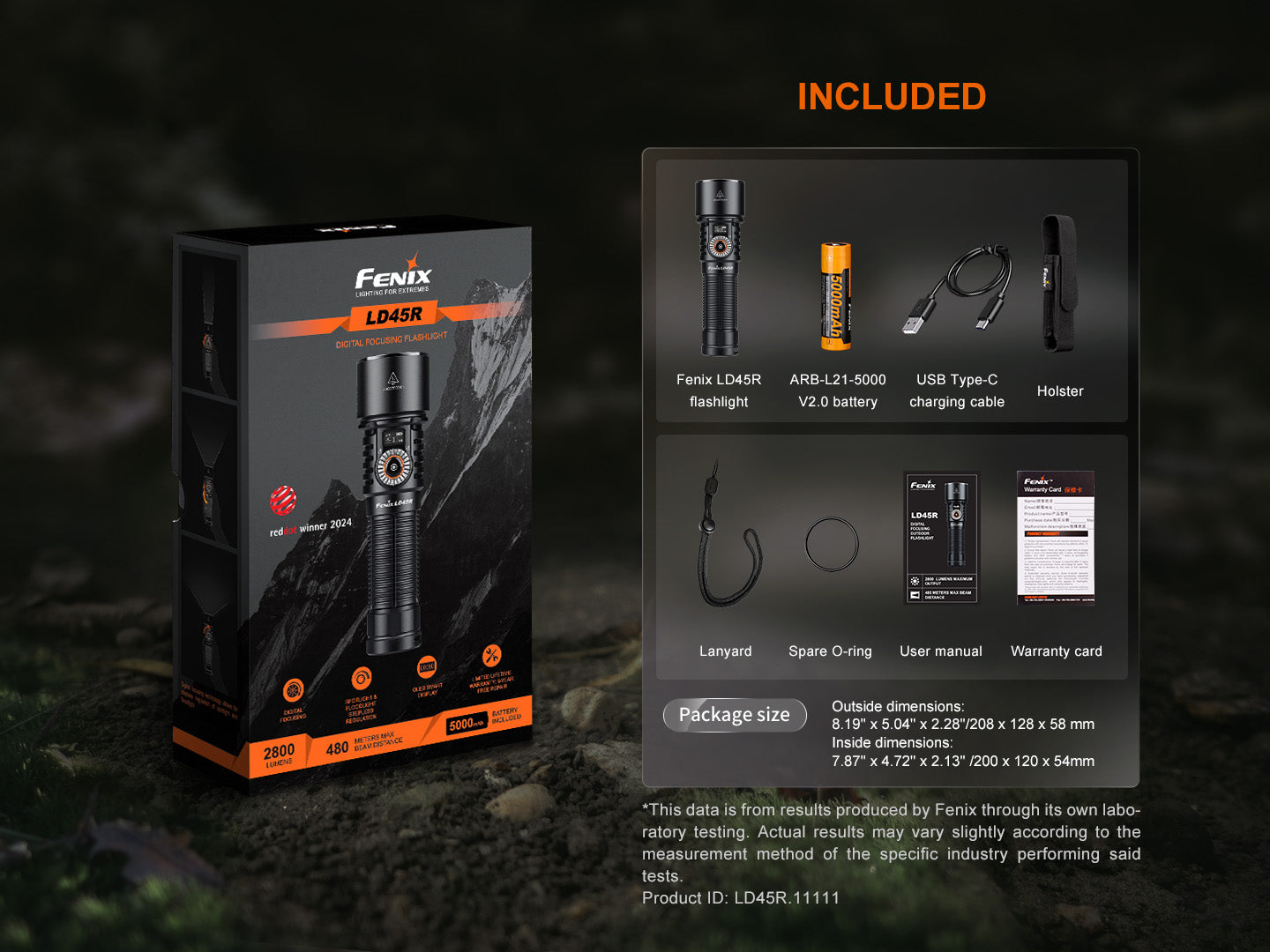 Fenix LD45R digital focus rechargeable LED flashlight with adjustable beam and textured grip, positioned on a dark background