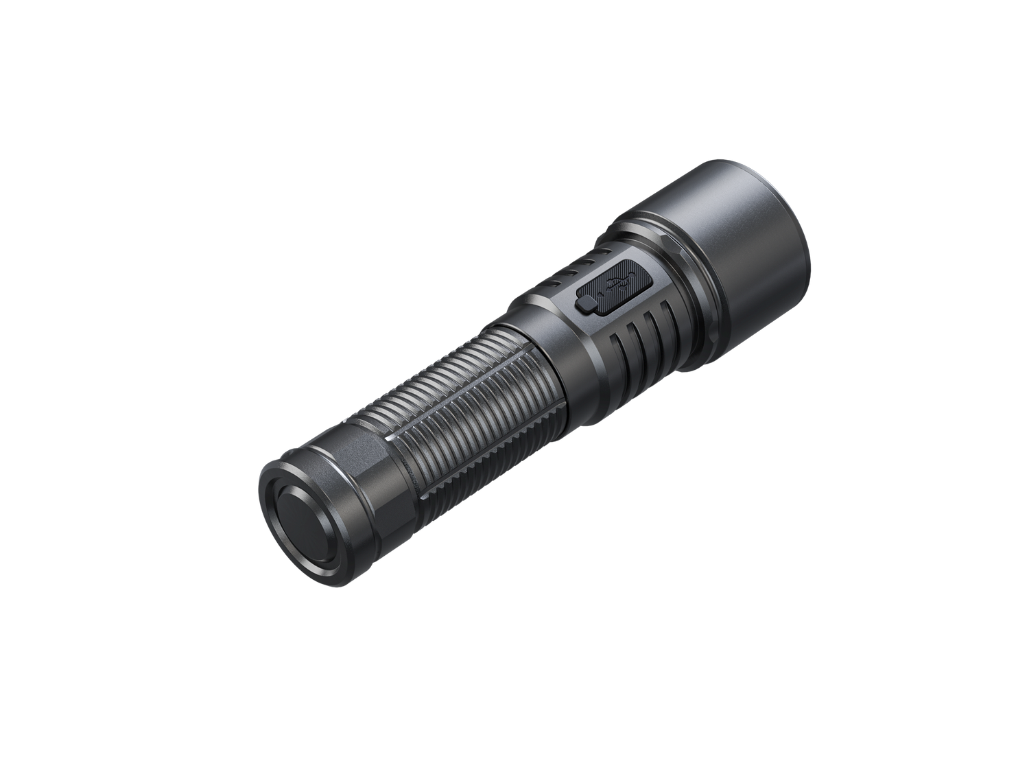 Fenix LD45R Rechargeable LED Flashlight with digital focus and compact design, black body, and adjustable beam.