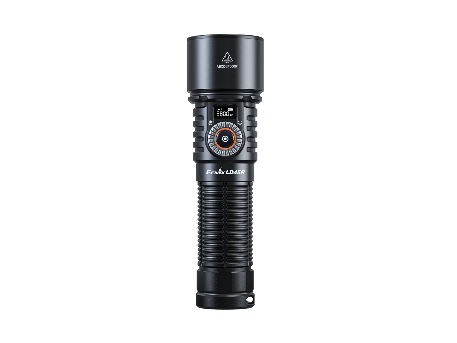 Fenix LD45R rechargeable LED flashlight with digital focus, black body, and textured grip for outdoor illumination.