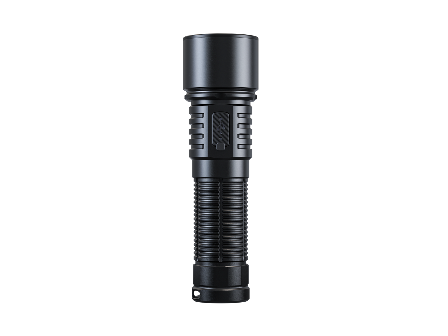 Fenix LD45R rechargeable LED flashlight with digital focus, black body, and textured grip for outdoor or tactical use.