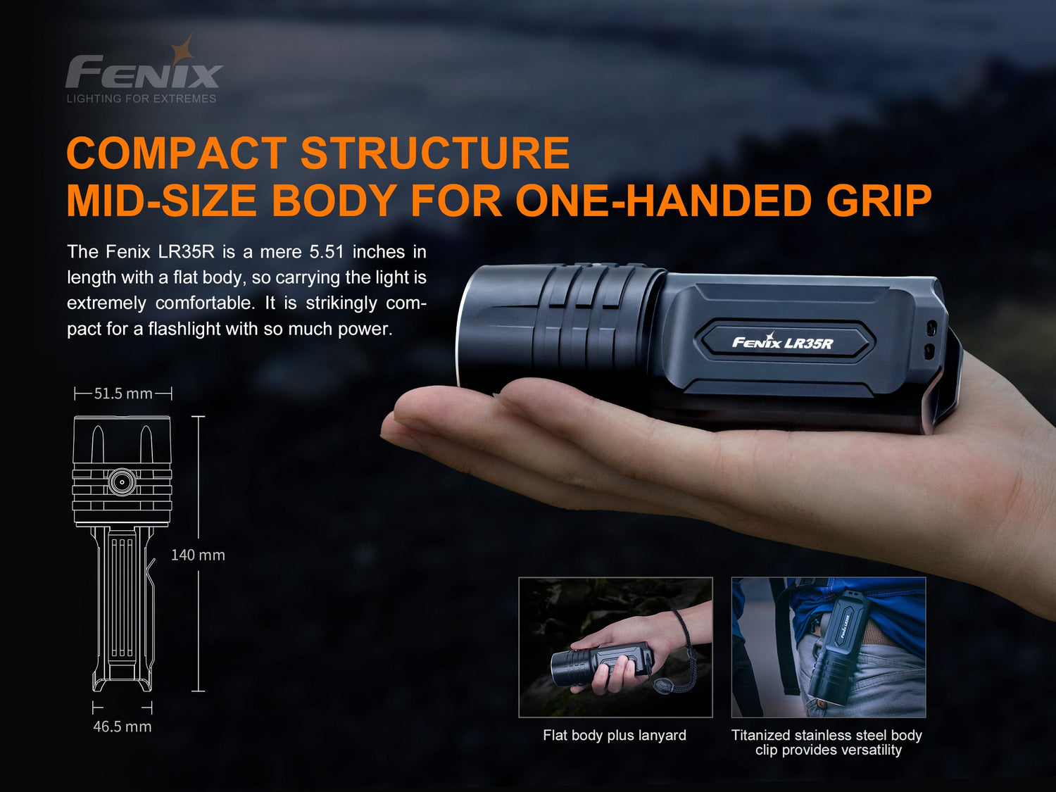 Fenix LR35R rechargeable LED flashlight emitting a bright beam, compact design, with a black body and textured grip.