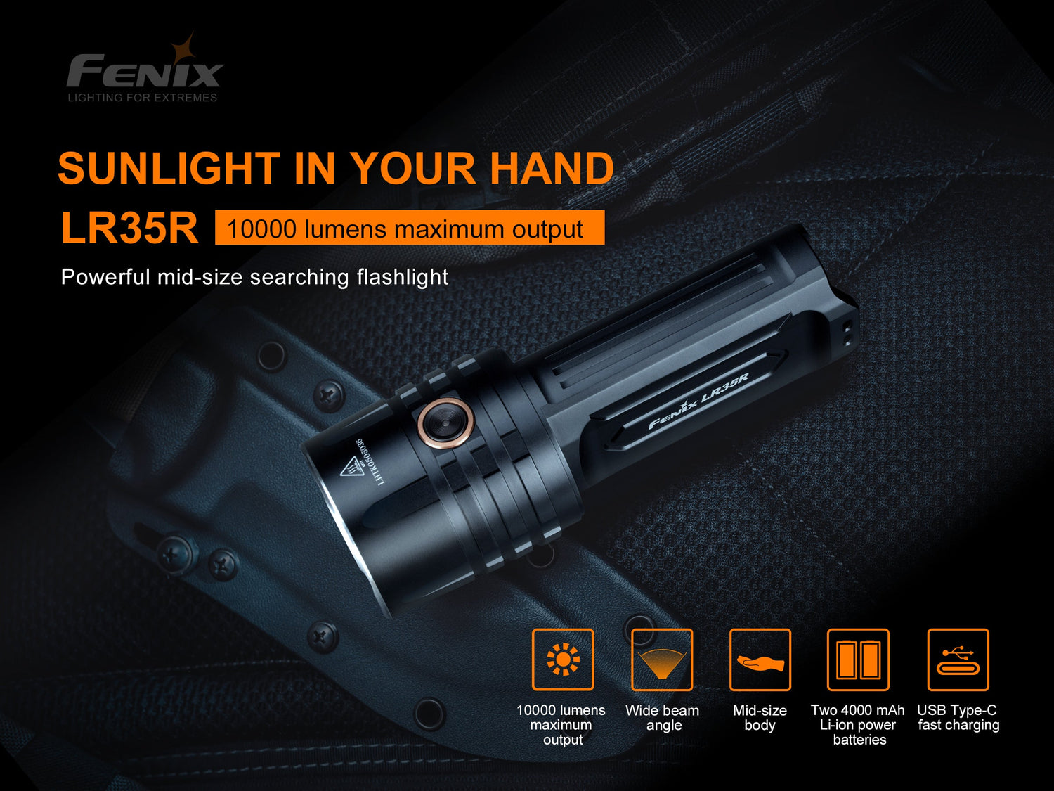 Fenix LR35R rechargeable LED flashlight emitting a bright beam, with a black body and textured grip, 10,000 lumens.