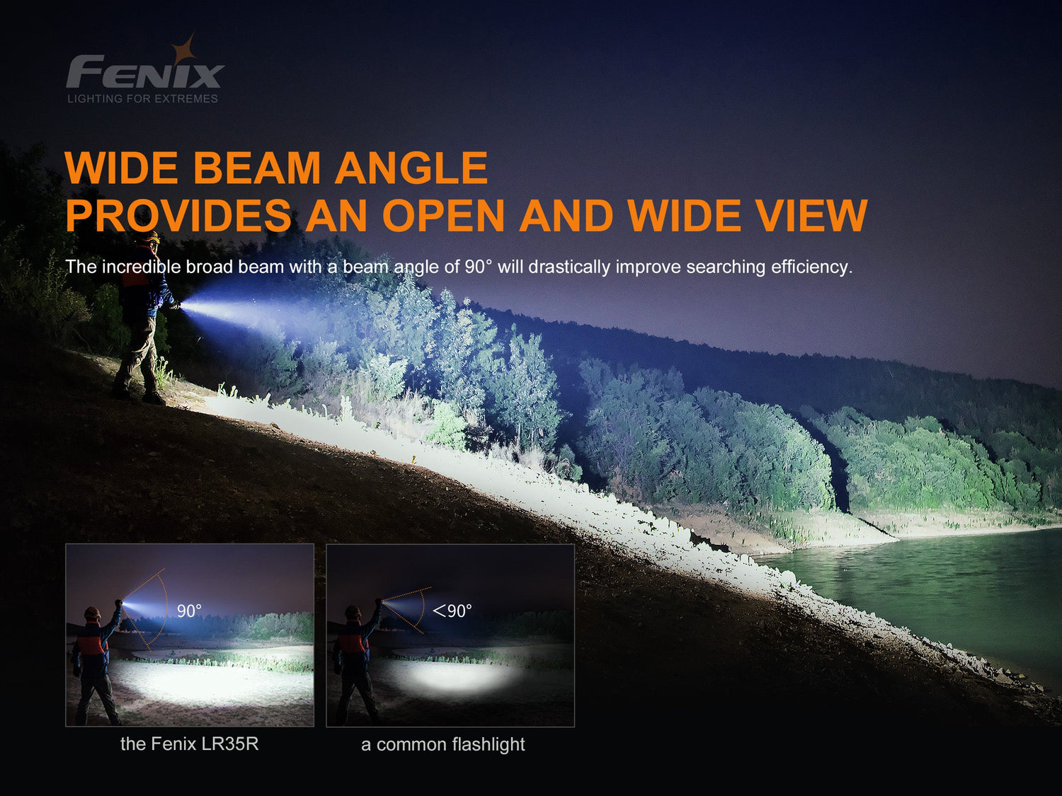 Fenix LR35R rechargeable LED flashlight emitting a bright beam, with a black body and textured grip for outdoor use.