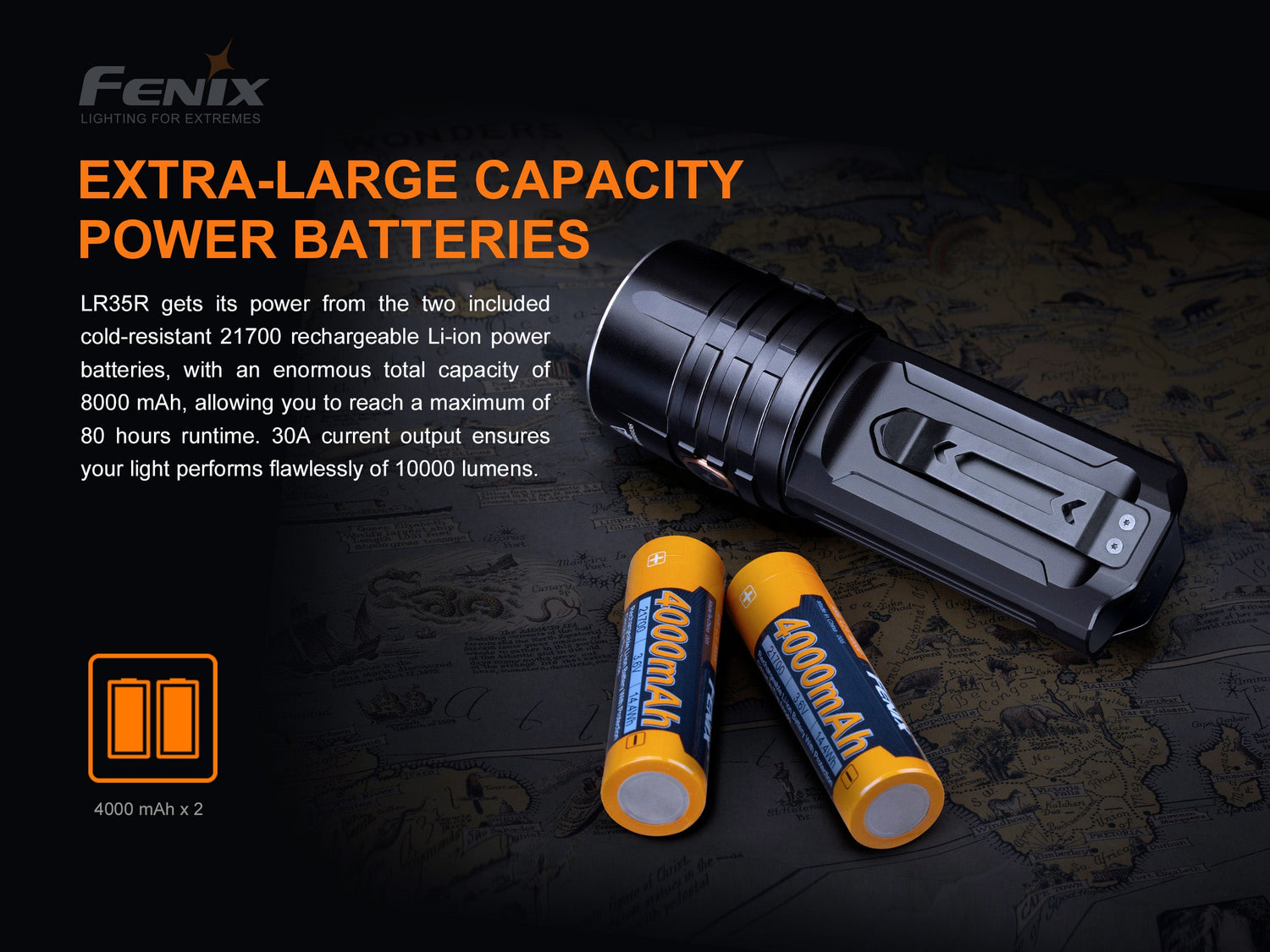 Fenix LR35R rechargeable LED flashlight with a black body and large lens, emitting bright light for outdoor or tactical use.