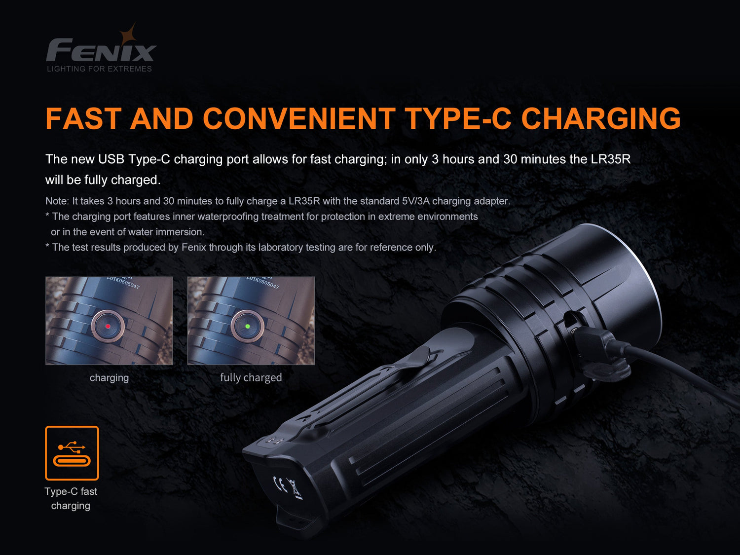 Fenix LR35R rechargeable LED flashlight emitting a bright beam, showing its durable body and powerful 10,000 lumens output.
