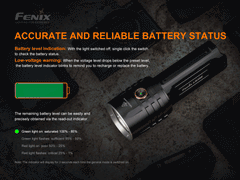 Fenix LR35R rechargeable LED flashlight emitting bright white light, with a rugged black body and adjustable focus.