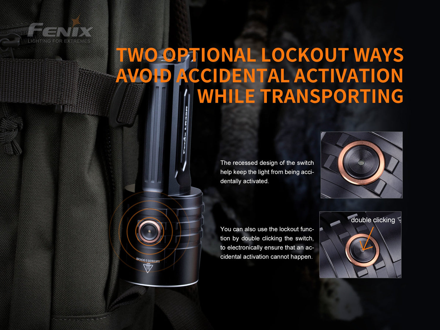 Fenix LR35R rechargeable LED flashlight emitting a bright beam, with a black body and textured grip for outdoor use.