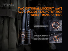 Fenix LR35R rechargeable LED flashlight emitting a bright beam, with a black body and textured grip for outdoor use.