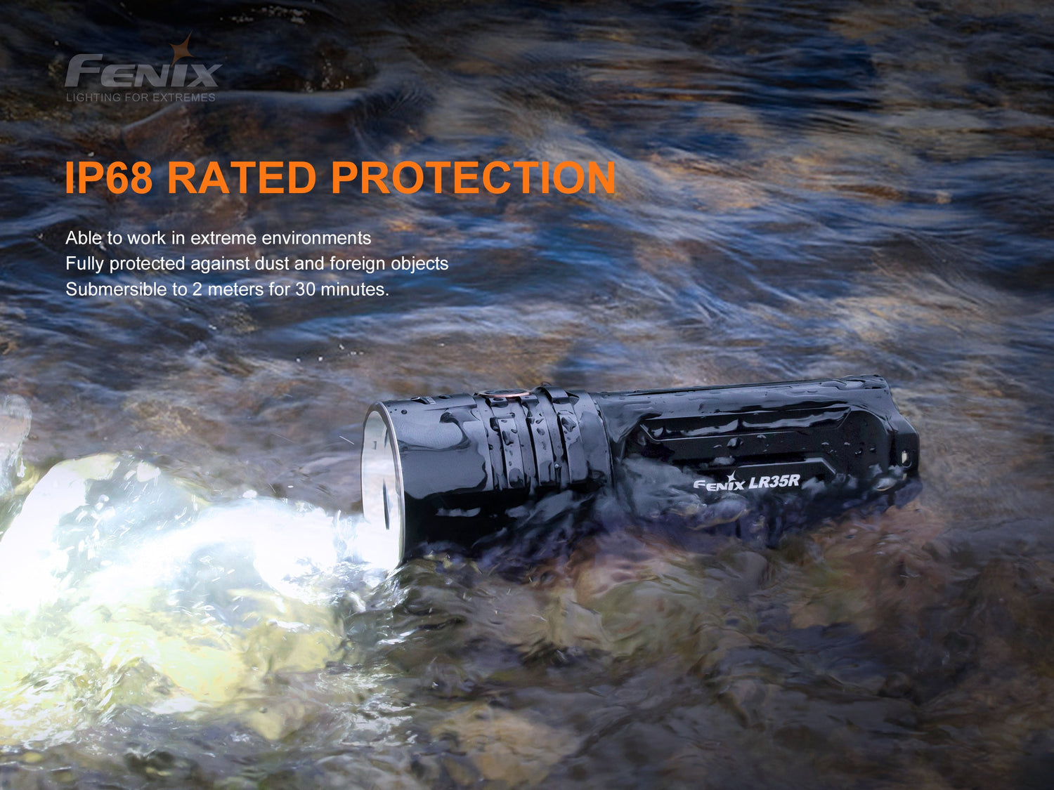 Fenix LR35R rechargeable LED flashlight with 10,000 lumens, black body, compact design, and adjustable focus.
