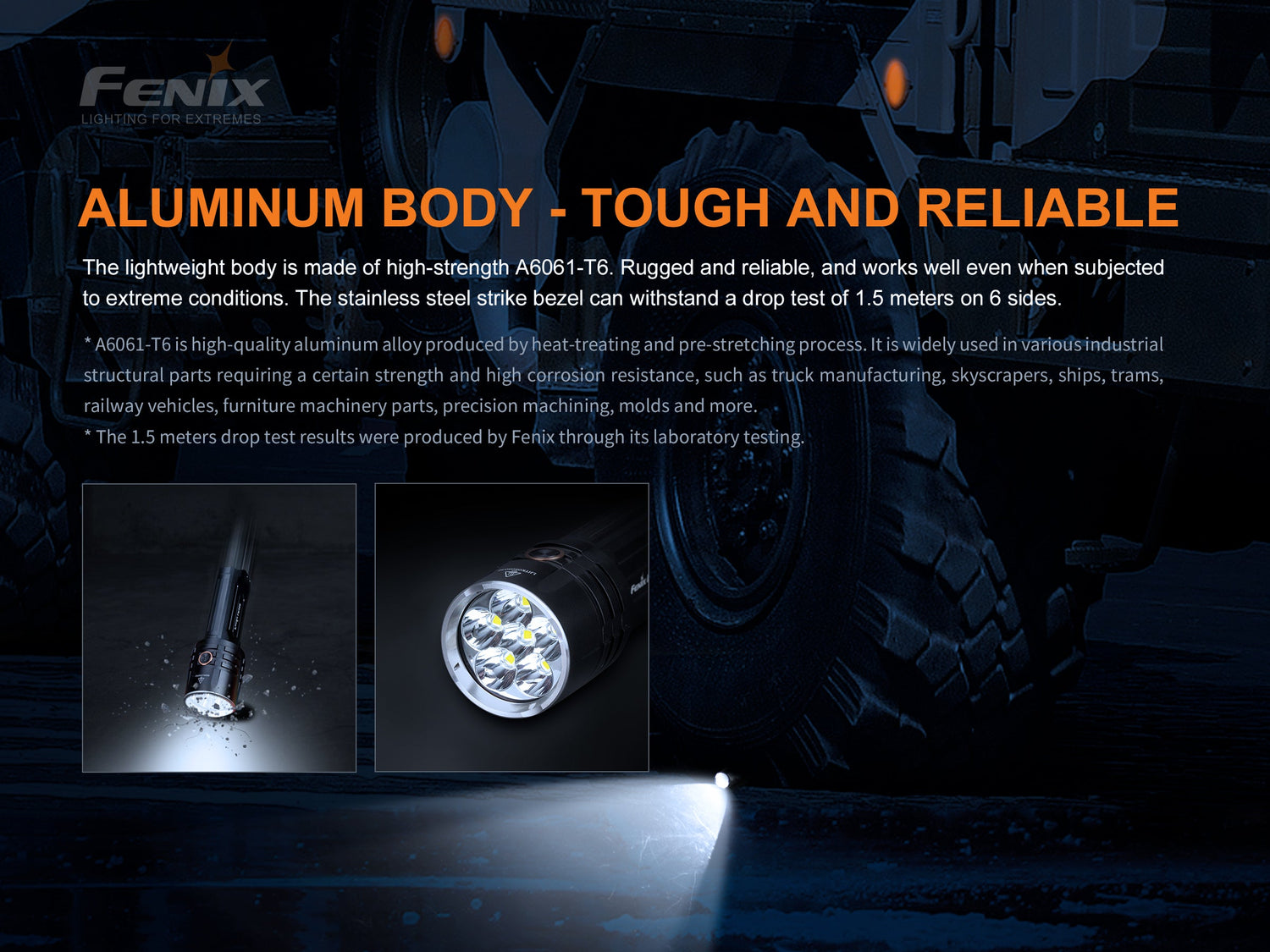 Fenix LR35R rechargeable LED flashlight emitting bright light, with a sleek black body and adjustable focus.