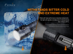 Fenix LR35R rechargeable LED flashlight displaying a sleek black design with a powerful 10,000 lumens beam.