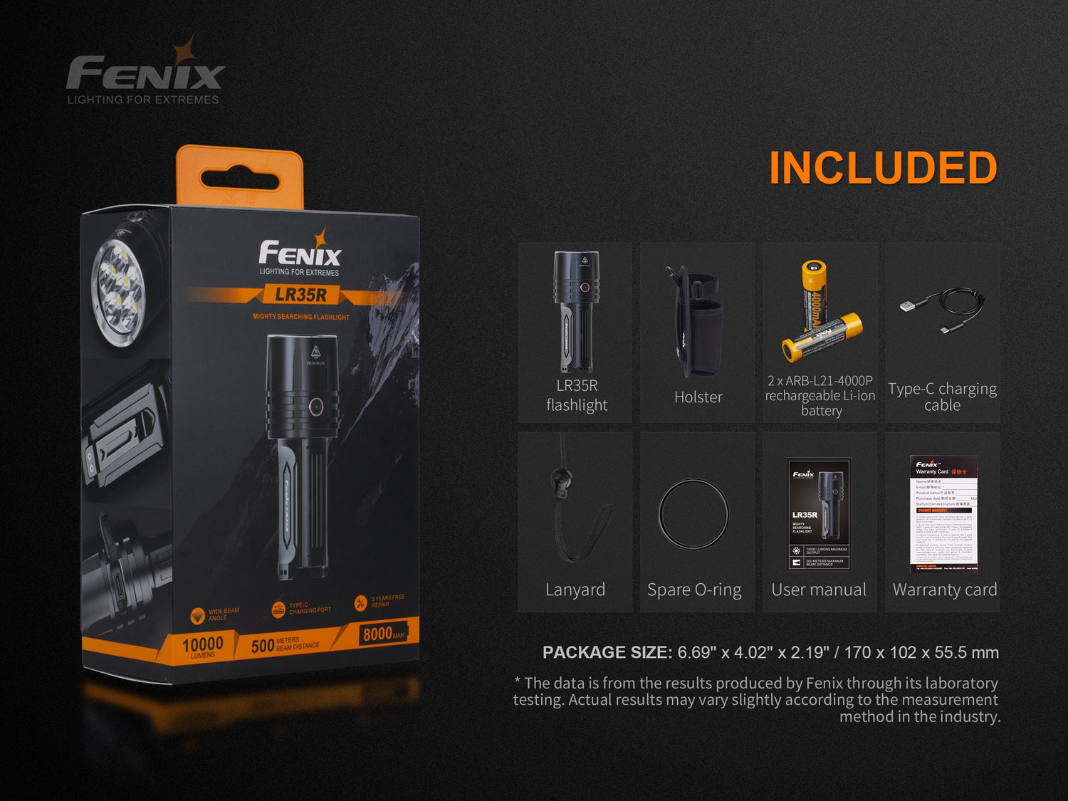 Fenix LR35R rechargeable LED flashlight emitting bright light, showcasing its durable design and high lumen output.