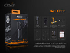 Fenix LR35R rechargeable LED flashlight emitting bright light, showcasing its durable design and high lumen output.