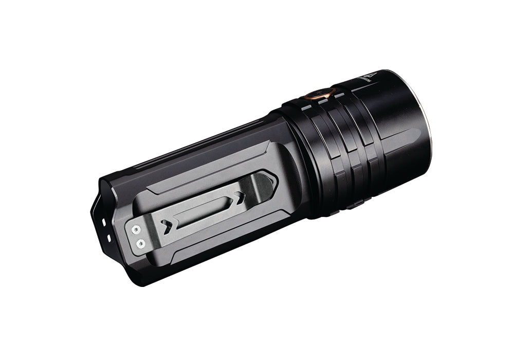 Fenix LR35R rechargeable LED flashlight emitting bright light, black body with adjustable focus, high lumen output, outdoor use.