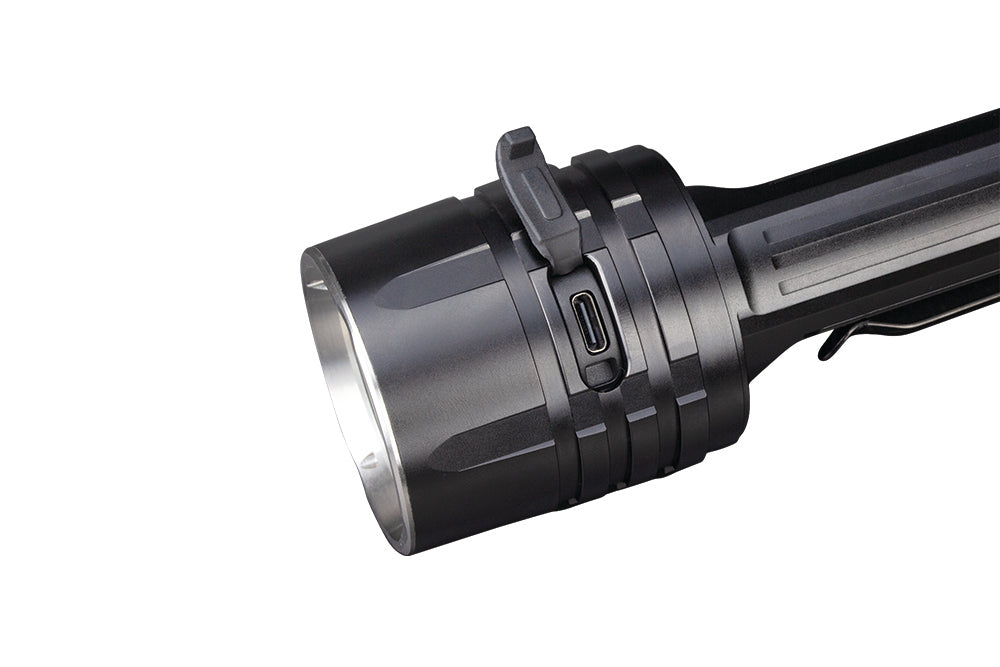 Fenix LR35R rechargeable LED flashlight with 10,000 lumens, black body, ergonomic handle, and LED lens for bright illumination.