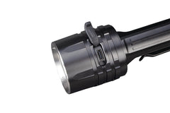 Fenix LR35R rechargeable LED flashlight with 10,000 lumens, black body, ergonomic handle, and LED lens for bright illumination.