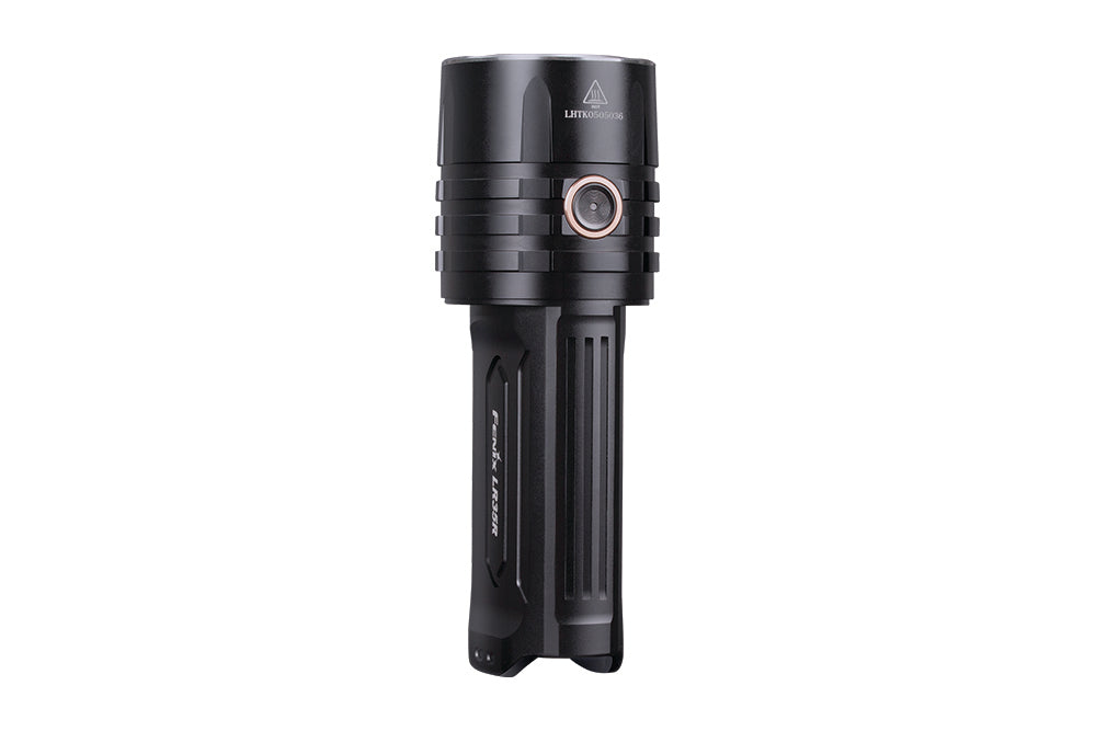 Fenix LR35R rechargeable LED flashlight with 10,000 lumens, black body, and adjustable focus, held in hand.