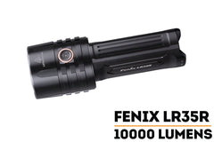 Fenix LR35R rechargeable LED flashlight emitting bright light, compact design, with a textured grip and adjustable focus.
