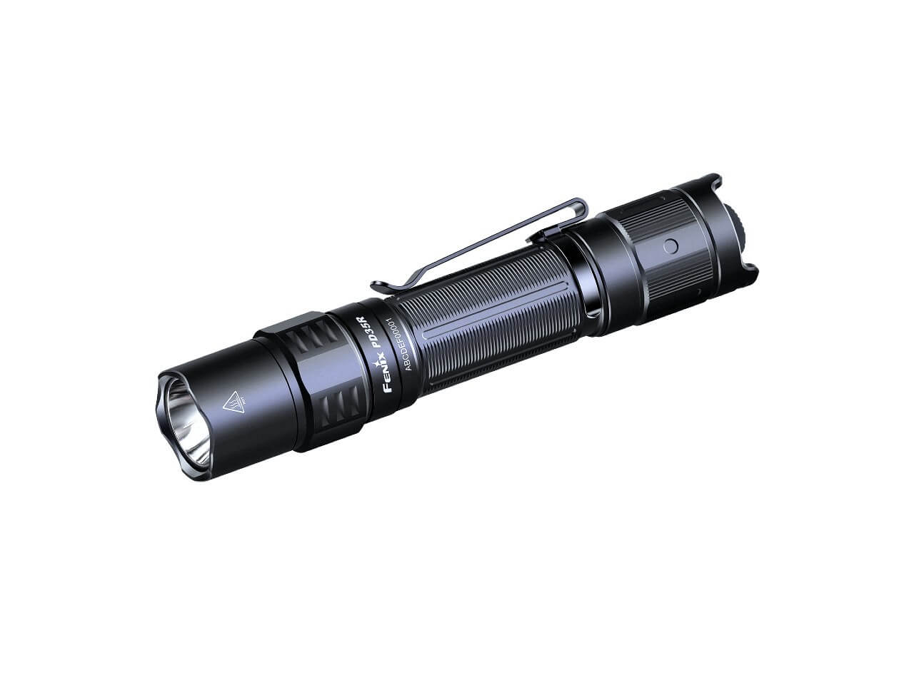 Fenix PD35R compact rechargeable tactical flashlight with adjustable beam and black body, designed for outdoor and tactical use.