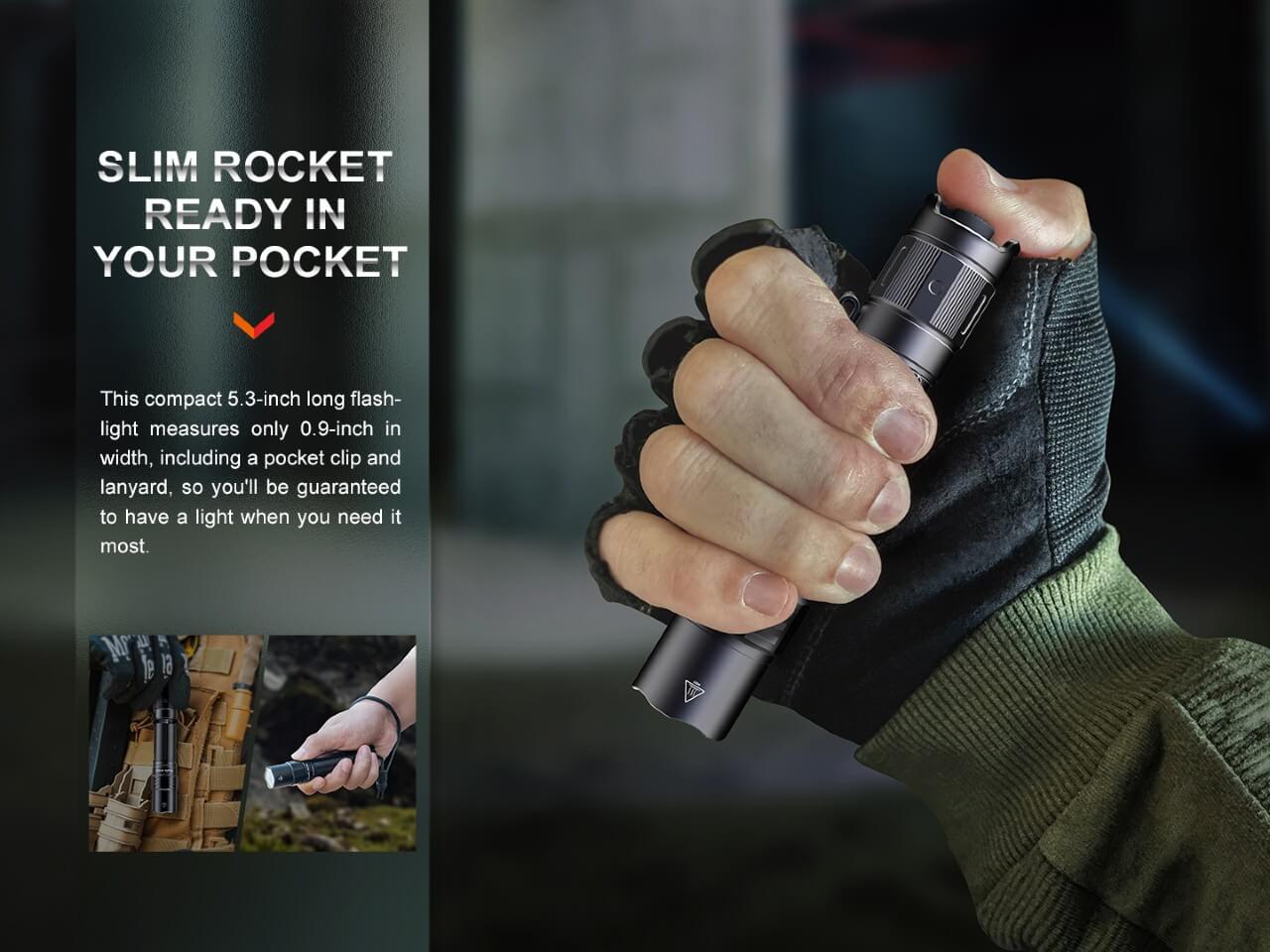 Fenix PD35R compact rechargeable tactical flashlight with adjustable beam and black body, ready for outdoor or tactical use.
