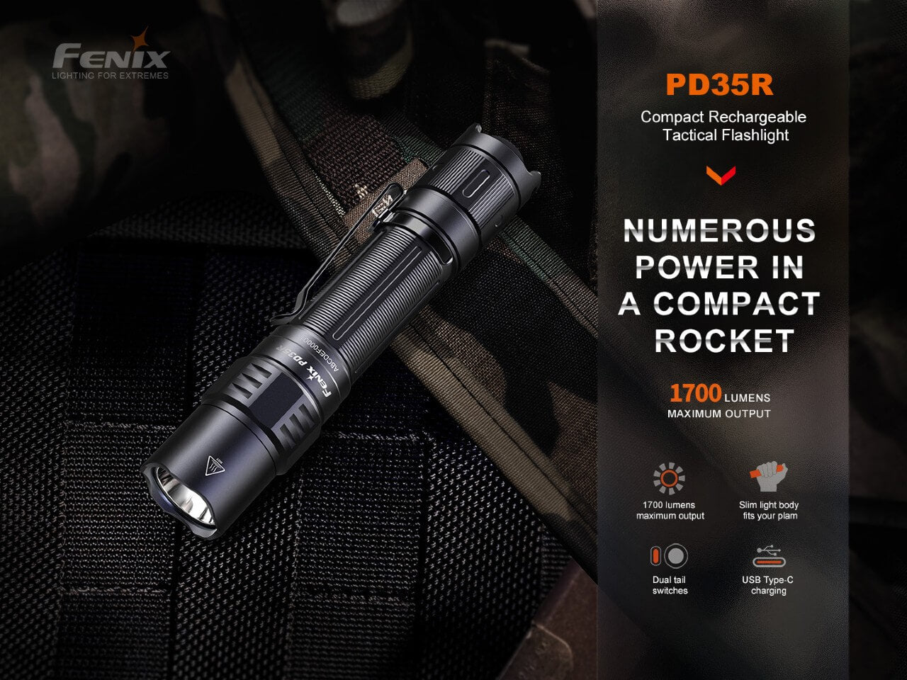 Fenix PD35R compact rechargeable tactical flashlight with LED light and textured grip, ideal for outdoor or tactical use.