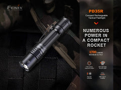 Fenix PD35R compact rechargeable tactical flashlight with LED light and textured grip, ideal for outdoor or tactical use.