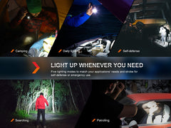 Fenix PD35R compact rechargeable tactical flashlight with adjustable beam and sturdy black body, designed for outdoor and tactical use.